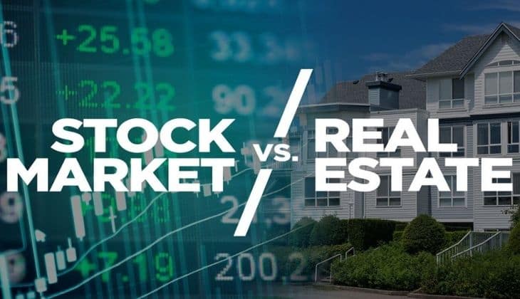 Stock market chart overlaid beside a suburban house with text saying "Stock Market vs. Real Estate"