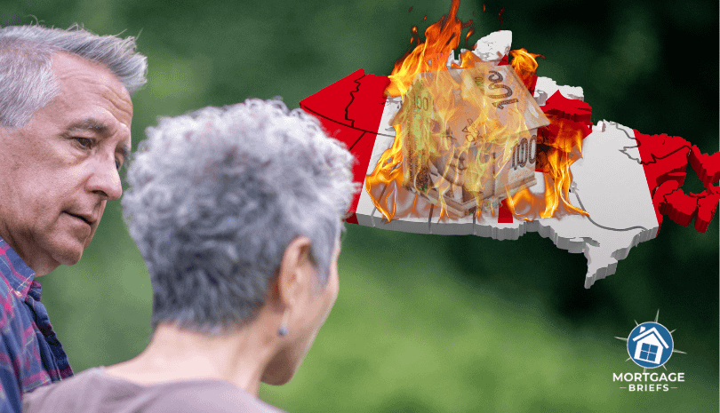 Concerned Canadian homeowners looking at burning money shaped like a house over a map of Canada, symbolizing the financial impact of Fair Housing policies.